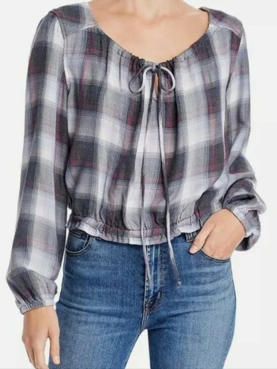 cloth & stone Tops - Anthropologie cloth & stone Plaid Off-Shoulder Tie-Front Boho Crop Top Small